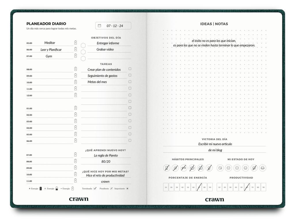 Página de planeador diario de la agenda Crawn con espacios para prioridades y horarios